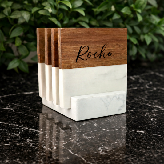 Personalized Marble & Acacia Wood Coasters - Set of 4 with Stand
