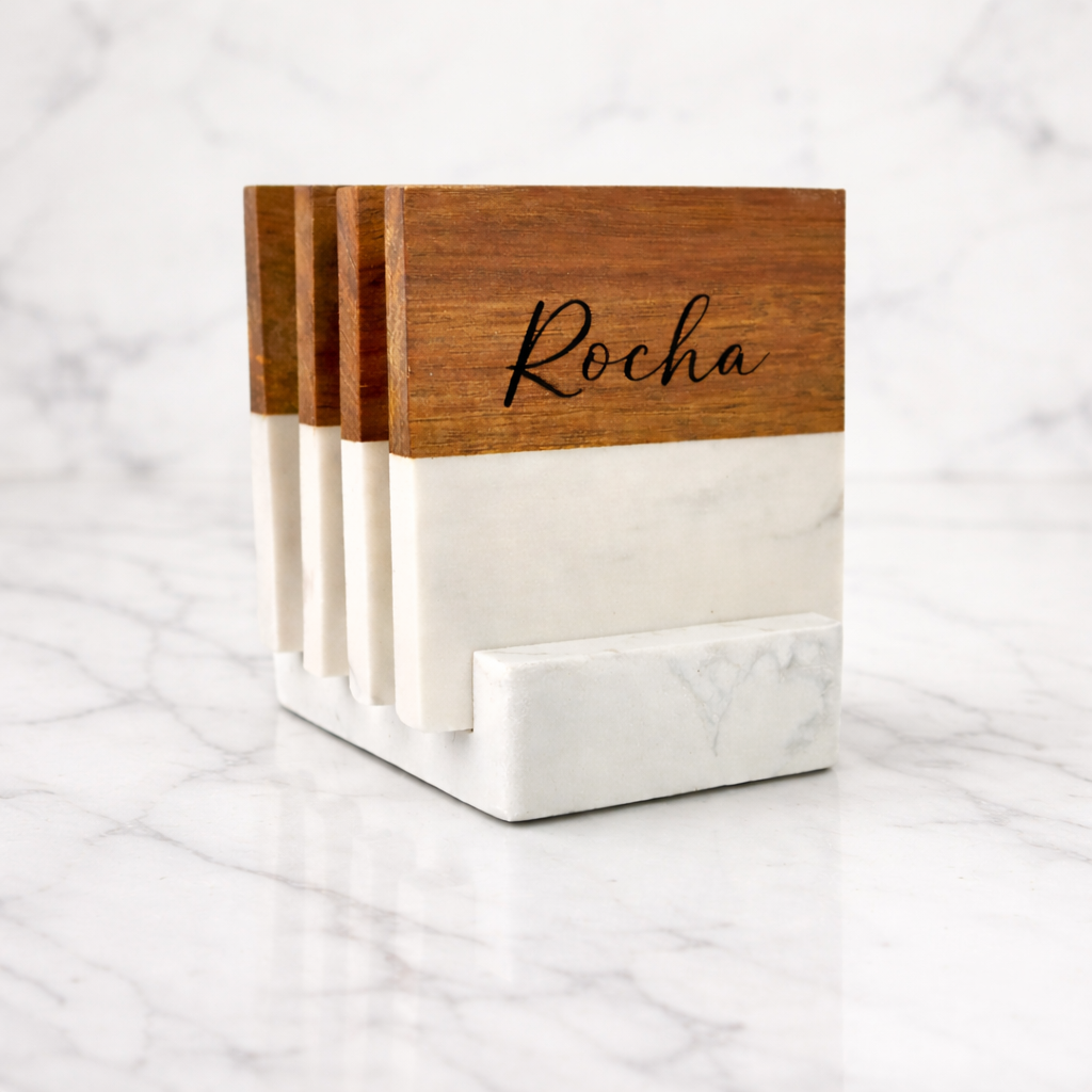 Personalized Marble & Acacia Wood Coasters - Set of 4 with Stand